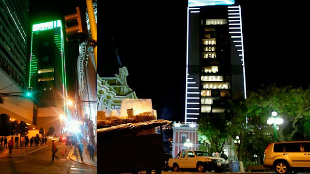 El edificio de Evo Morales de noche
