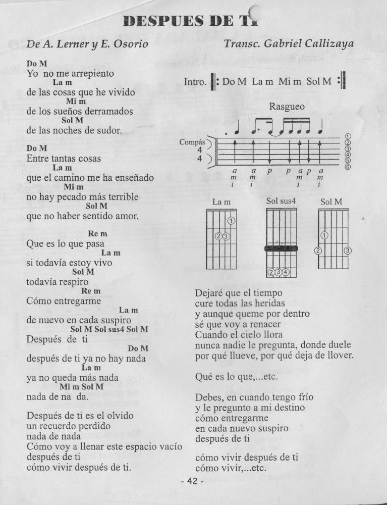 Después de ti, Partitura para Guitarra
