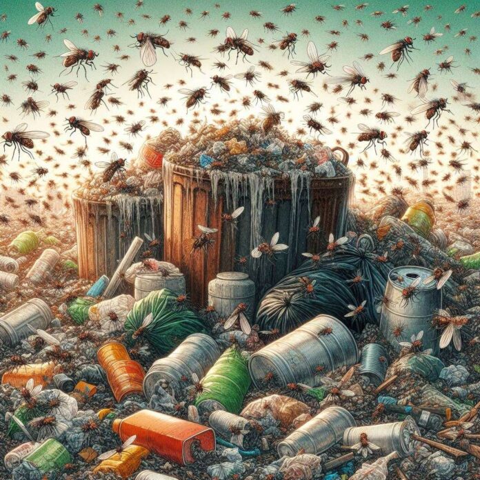 Acumulación de basura con moscas, ilustración